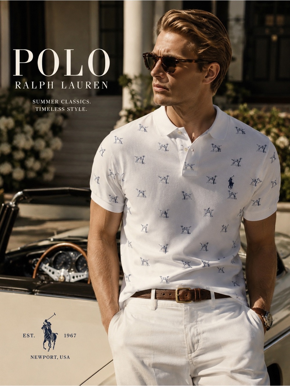 Polo by Ralph Lauren White Polo with Navy All-Over Motif